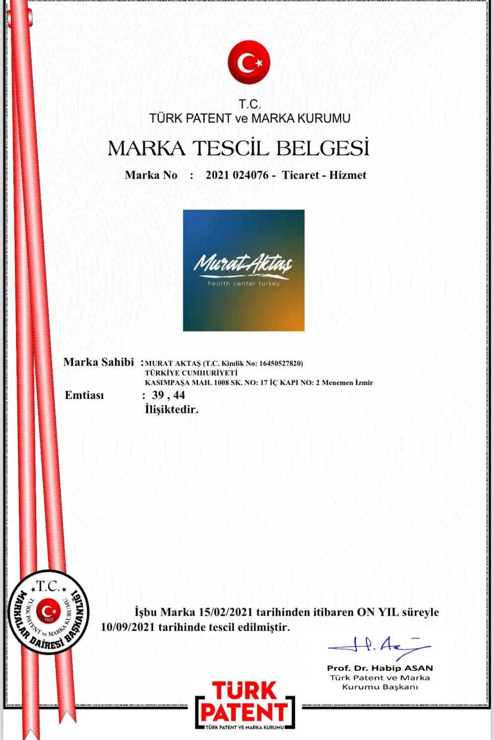 Trademark registration certificate 2021